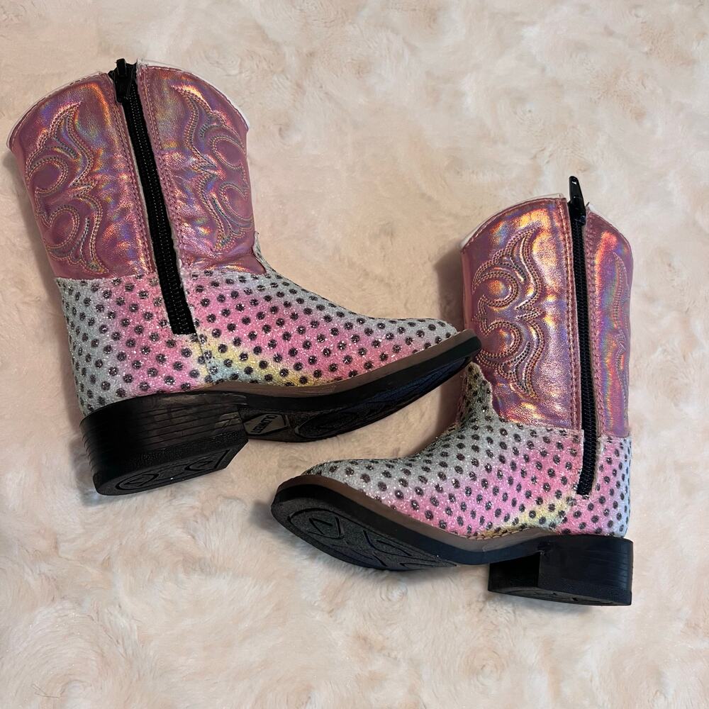 Old West Toddler Sparkly Pink Iridescent Glitter Cowgirl Boots Kids Western 5.5D - Picture 2 of 4